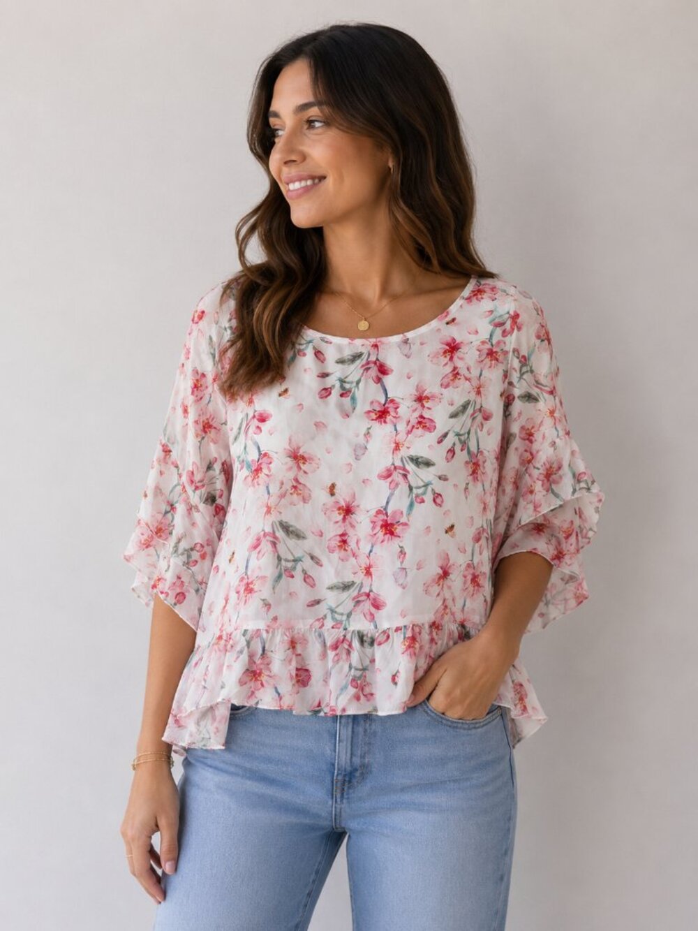 Viola Borghi Made in Italy Silk Blend Floral Bee Ruffle Hem Blouse Sz S